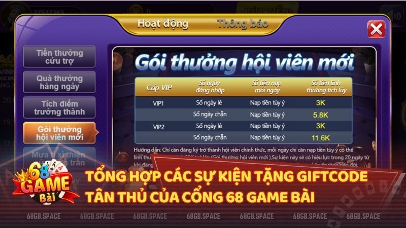 Tổng hợp các sự kiện tặng giftcode tân thủ của cổng 68 Game Bài